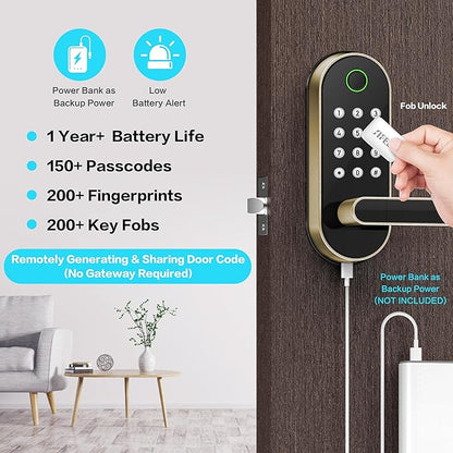 Fingerprint Smart Door Lock with Handle & Keypad – Bluetooth Keyless Entry for Front Door, Home, Kids, Guests, Airbnb & Rental, App + Code Access, Compatible with Alexa & Google, Easy DIY Install