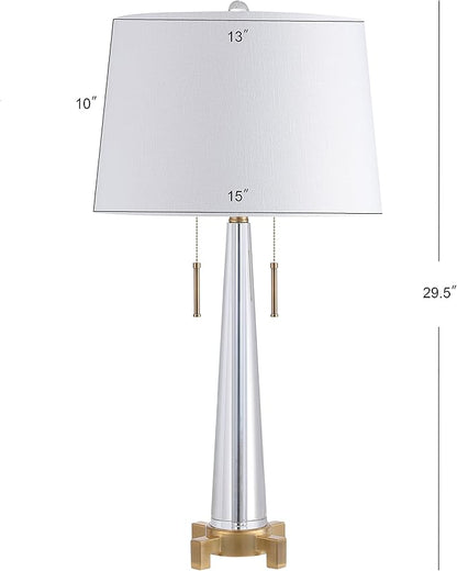 JONATHAN Y 29.5" Clear/Brass Gold 2-Light Crystal LED Table Lamp, Contemporary Glam Bedside Lamp for Living Room, White Linen Drum Shade, Pull Chain, LED Bulbs Included JYL2018A