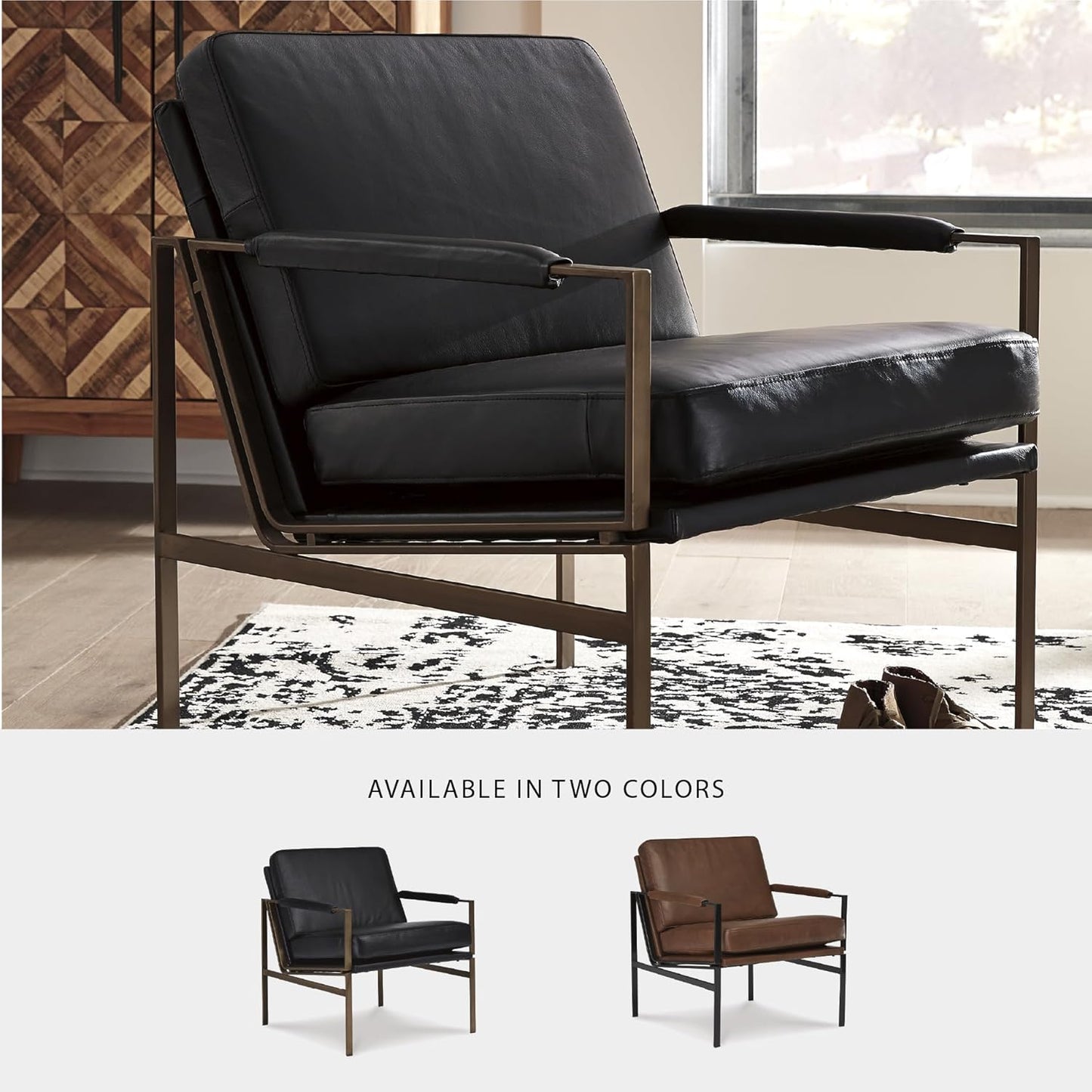 Signature Design by Ashley Puckman Mid-Century Modern Leather Accent Chair, Black