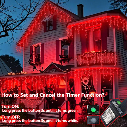 QITONG Red Halloween Lights for Outside, 33ft 400 LED Icicle Light with 8 Modes, 80 Drops Clear Wire Connectable Christmas Lights Indoor Plug in