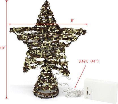 CVHOMEDECO. Rattan Star Christmas Tree Topper with LED Lights, Rustic Farmhouse Style Tree Toppers Ornaments, 8 x 10 Inch