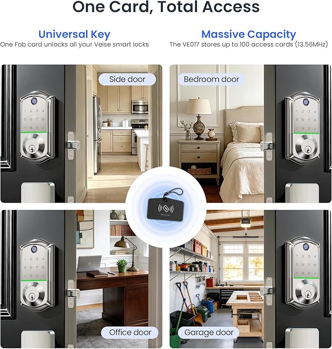 Veise VE017 Fingerprint Smart Door Lock, App Control, 8-in-1 Keyless Entry, Auto Lock, Emergency Power Port, Electronic Touchscreen Keypad, Biometric Smart Locks for Front Door, Satin Nickel