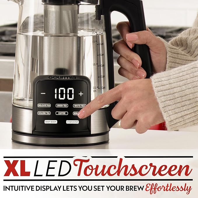 Gourmia Electric Glass Kettle – 1.7L Programmable Tea & Coffee Brewer with Digital Touch Display, 6 Presets, Removable Stainless Steel Infuser, Cordless with 360° Swivel Base, White