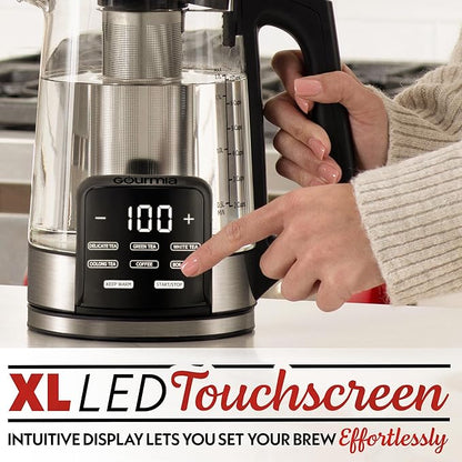Gourmia Electric Glass Kettle – 1.7L Programmable Tea & Coffee Brewer with Digital Touch Display, 6 Presets, Removable Stainless Steel Infuser, Cordless with 360° Swivel Base, White