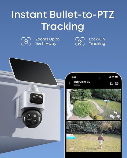 eufy Security eufyCam S4 4-Cam Kit,4K Solar Camera Wireless Outdoor, Triple Lens Bullet-PTZ Cam, 360° View, Cross-Cam Track, AI Recognition, 8X Zoom, Color Night Vision, 0 Monthly Fee, Local Storage