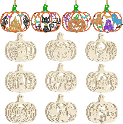 36PCS Wooden Pumpkins Ornaments to Paint Halloween Thanksgiving Decoration Cutouts Unfinished 3.5 inches, DIY Blank Unfinished Pumpkin Ornament for Home Harvest Crafts Hanging Autumn Decor（6Style）