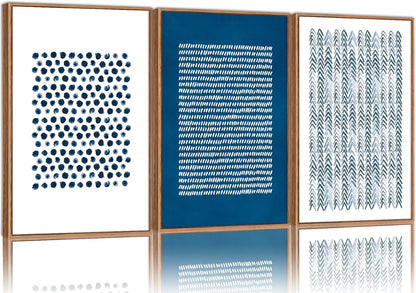 Tinonedraw Navy Blue and White Framed Canvas Wall Art Set, Minimalist Geometric Wall Decor, Neutral Abstract Artwork, Cozy Contemporary Art Prints for Bedroom Living Room Office Above Bed 24"x36"x3