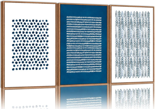 Tinonedraw Navy Blue and White Framed Canvas Wall Art Set, Minimalist Geometric Wall Decor, Neutral Abstract Artwork, Cozy Contemporary Art Prints for Bedroom Living Room Office Above Bed 24"x36"x3