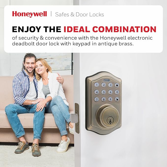 Honeywell Safes & Door Locks - Keyless Entry Door Lock with Smart Electronic Keypad Deadbolt - Easy Installation & 50 Different User Pin Codes - Auto Lock - Antique Brass - 2.9 x 2 x 6.2 in - 8712109