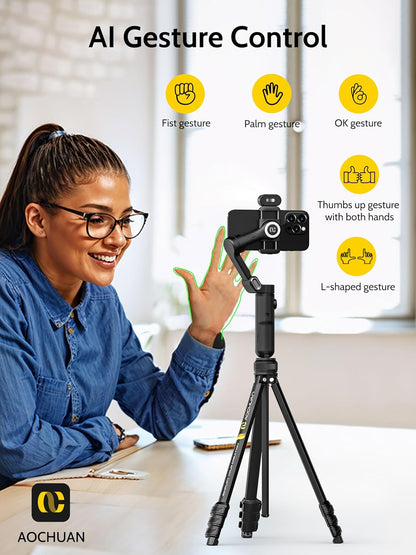 3-Axis Gimbal Stabilizer for iPhone & Android w/RGB Light, Handheld Phone Gimbal for Video Recording w/AI Tracking,1/4 Thread, Extendable Tripod, Padded Carry Bag(Smart X Complete Combo1)