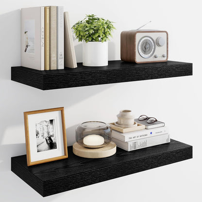 Marsmiles 24" Floating Shelves for Wall, Wooden Shelves with Invisible Brackets Set of 2, Rustic Farmhouse Wall Mounted Shelf for Kitchen Bathroom Living Room Study, Black