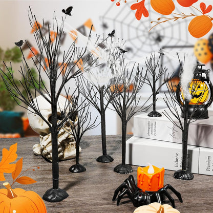 Warmtree 6 Pcs Halloween Village Trees Mini Decor Tree Artificial Tabletop Branch Trees, Halloween Village Accessories with Crows Figurine for Holiday Home Garden Office Festival Decor