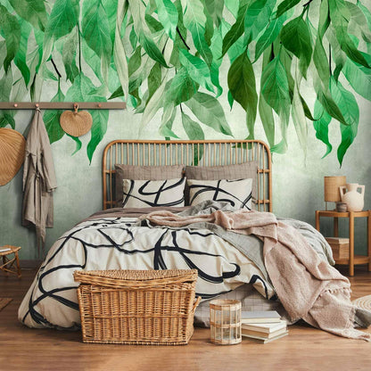 artgeist Premium Wall Mural Hanging Leaves 98x69 in - Non-Woven Wallpaper Fleece Wall Decor Photo Print Picture Image Design Nature Botanical Concrete Green Like Painted b-C-10146-a-a