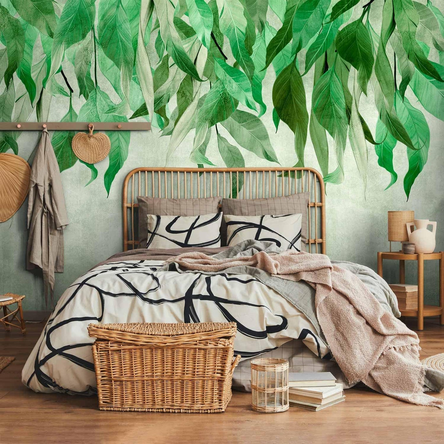 artgeist Wall Mural Hanging Leaves 157x110 in - Non-Woven Wallpaper Fleece Wall Decor Photo Print Picture Image Design Nature Botanical Concrete Green Like Painted b-C-10146-a-a