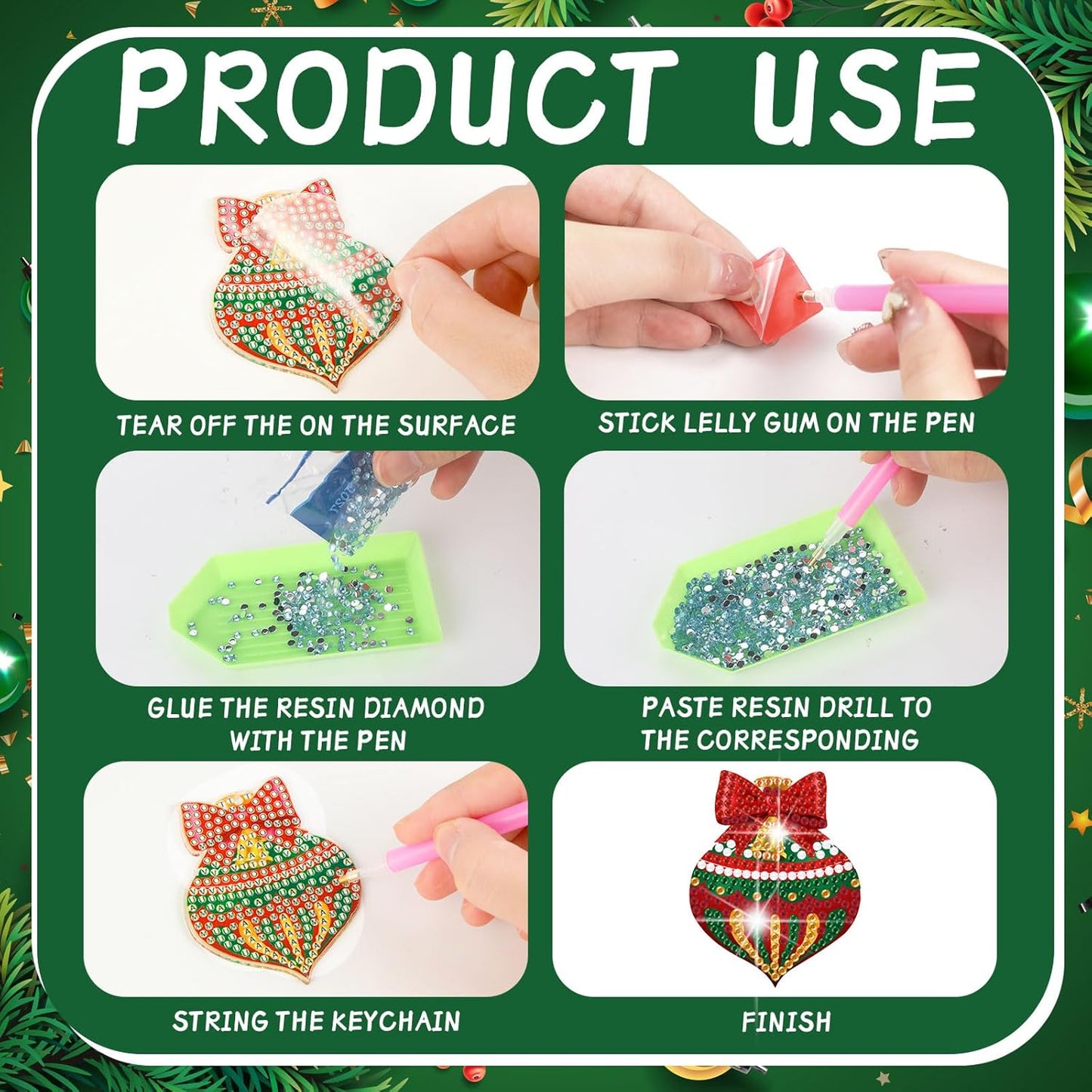 Tondiamo 20 Pcs Christmas Diamond Painting Keychain Kits 5D DIY Diamond Art Pendants Double Sided Hanging Key Chains for Christmas Party Decoration DIY(Balls Style)