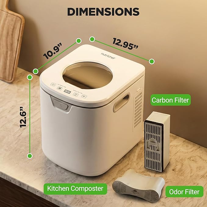 NutriChef 4 Quart Electric Kitchen Composter | Smart Countertop Composter Includes 2 Odorless Carbon Filters | Electric Compost Bin for Indoor Use | 3 Volume Based Modes Small, Medium & Large | White