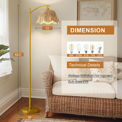 Oneach Arc Floor Lamp for Living Room,Rattan Boho Floor Lamp with Hand-Woven Wicker Shade, Foot Switch,Gold Metal Base & Pole,Farmhouse Standing Lamp for Bedroom Corner,Reading