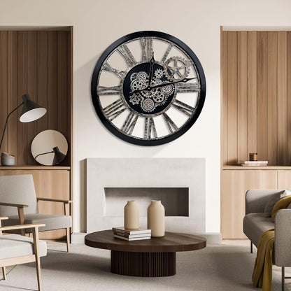 Large Wall Clock, Clocks for Living Room Decor Oversized 30 Inch Wall Decor Farmhouse Vintage Rustic Industrial Roman Big Chic Home Decor Wall Clock for House Bedroom Office, Moving Gears Clock