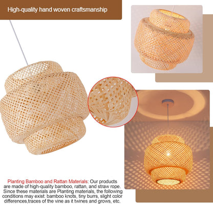 Bamboo Pendant Light,15.75" Hand-Woven Boho Rattan Hanging Lamp,1-Pack Farmhouse Wicker Chandelier for Dining Living Bedroom Kitchen