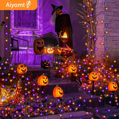 Halloween Lights, 2 Pack 100 LED Orange & Purple Battery Operated Mini String Light, 32 Ft Total Waterproof Halloween Lights 8 Modes for Indoor Outdoor Patio Garden Holiday Party Decorations