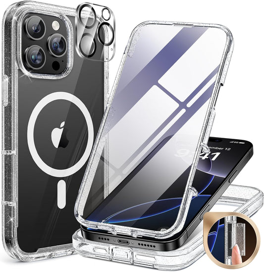 Miracase Magnetic for iPhone 16 Pro Case Full-Body Phone with Built-in Glass Screen Protector, [Compatible with MagSafe] Military Drop Proof 16 Pro Cover Bumper 6.3 inch, Clear Glitter
