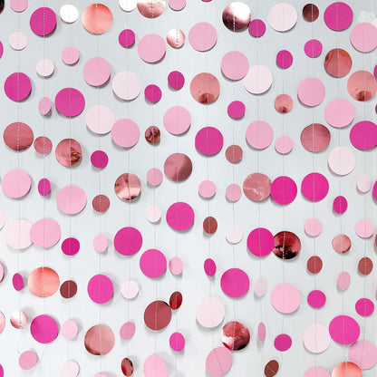 Hot Pink Rose Gold Party Decorations Circle Dots Garland Hanging Polka Dot Streamer for Girls Birthday Bachelorette Baby Shower Wedding Bridal Shower Anniversary Hen Party Supplies