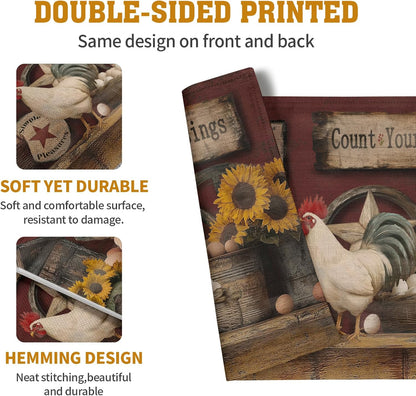 Farmhouse Rooster Placemats Set of 4 Farm Animal Chicken Place Mats 12x18 Inch Vintage Rustic Country Linen Table Mat Washable Non-Slip Placemat for Party Kitchen Dining Decor