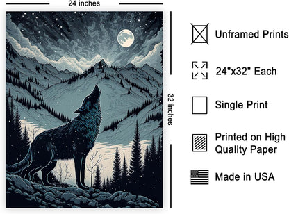 Poster Master Vintage Illustration Poster - Retro Animal Print - Gift for Artist, Friend - Wolf Howling at the Moon, Mountain, Snow, Landscape - Wall Decor for Home, Office, 24x32 Unframed Wall Art