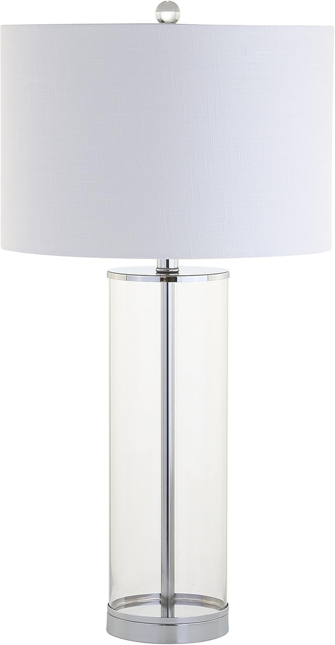 JONATHAN Y 29" Clear/Chrome Modern Glass Table Lamp for Living Room Bedroom, Minimalist Nightstand Bedside Lamp, White Linen Drum Shade, LED Bulb Included JYL2004A