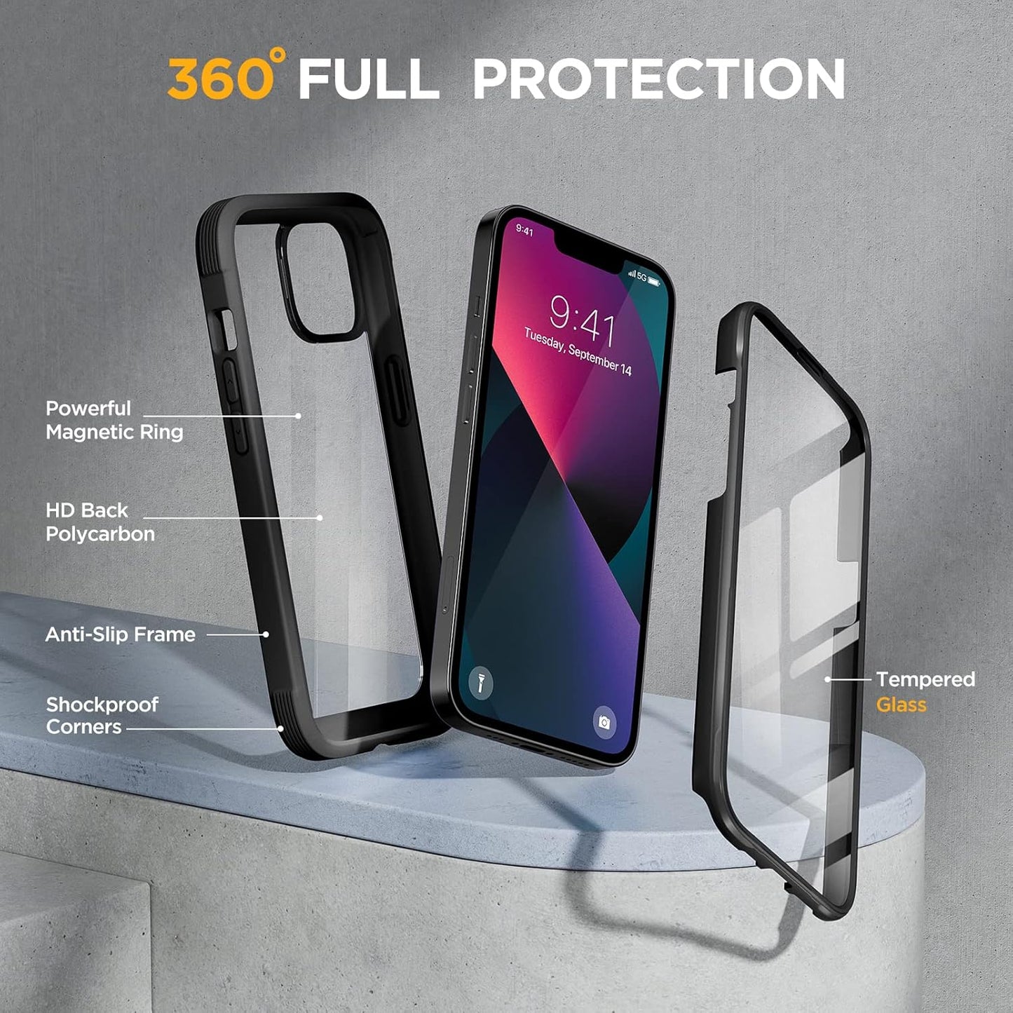 Miracase Compatible with iPhone 13 case 6.1 inch, 2021 Upgrade Full-Body Glass Clear Case Bumper Case with Built-in 9H Tempered Glass Screen Protector for iPhone 13,Black