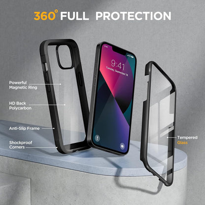 Miracase Compatible with iPhone 13 case 6.1 inch, 2021 Upgrade Full-Body Glass Clear Case Bumper Case with Built-in 9H Tempered Glass Screen Protector for iPhone 13,Black