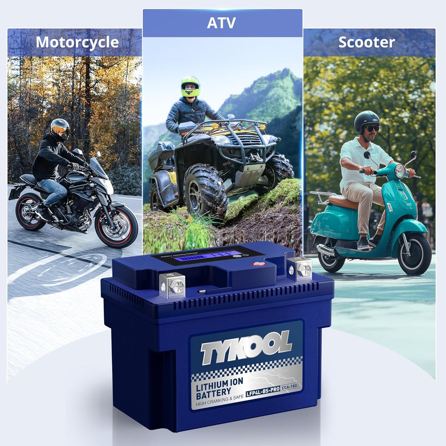 TYKOOL YTX4L-BS-Pro High PerformanceLithium Motorcycle Battery,180CCA 12.8V 3Ah LiFePO4 Powersports Battery,Built-in BMS,for Dirt bikes,ATV,Scooter,4 wheeler,Hongda grom,Motocross,Riding Lawn Tractor