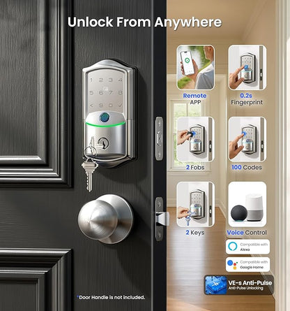 Veise VE027 Built-in Wi-Fi Smart Lock, Fingerprint Keyless Entry Front Door Lock, App Remote & Voice Control, No Hub Needed, Touchscreen Keypad Deadbolt, IP65 Waterproof, BHMA Grade 3, Satin Nickel