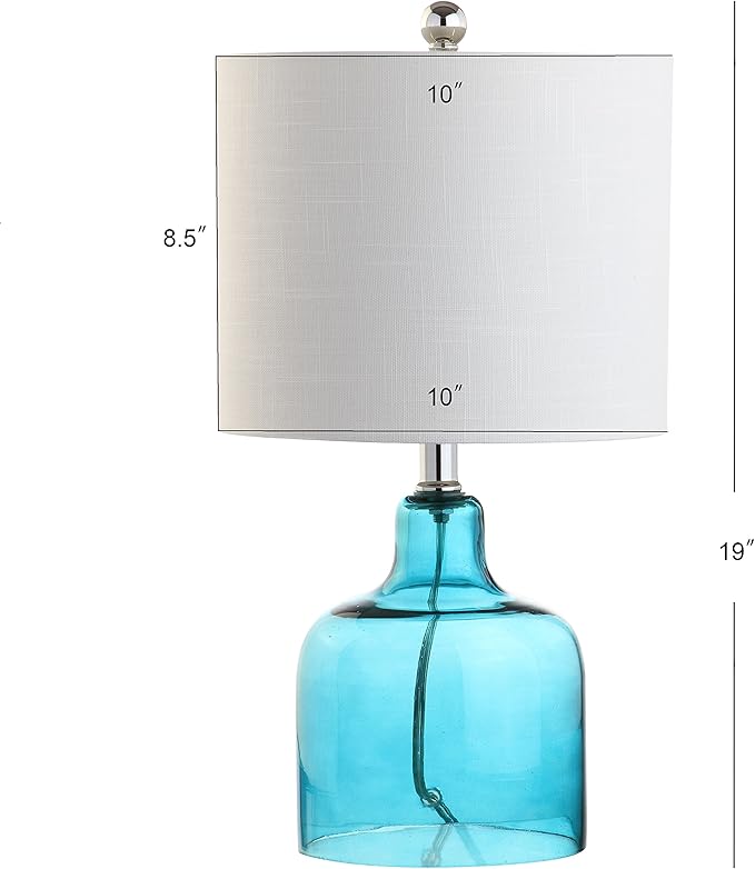 JONATHAN Y 19" Moroccan Blue Glass Bell Table Lamp for Living Room Bedroom, White Linen Drum Shade, Modern Coastal Bedside Nightstand Lamp with LED Bulb, UL Listed JYL1027A