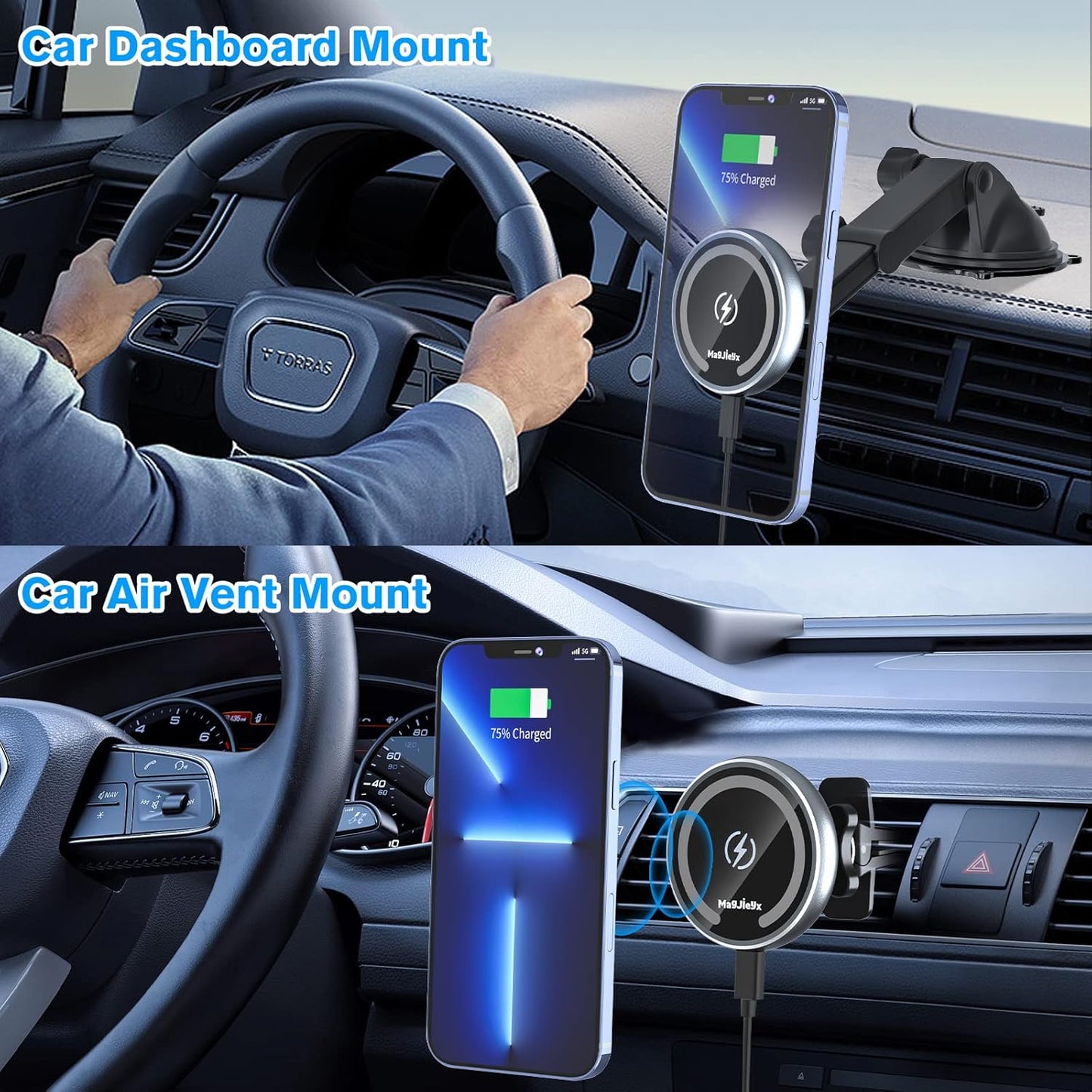 for MagSafe Car Mount Charger, Magnetic Wireless Fast Charging for iPhone16,15,14, 13, 12 Pro Max,Plus,Mini,3-in-1 Vent/Dash/Windshield Auto-Alignment Phone Holder（No 36W QC3.0 Adapter）