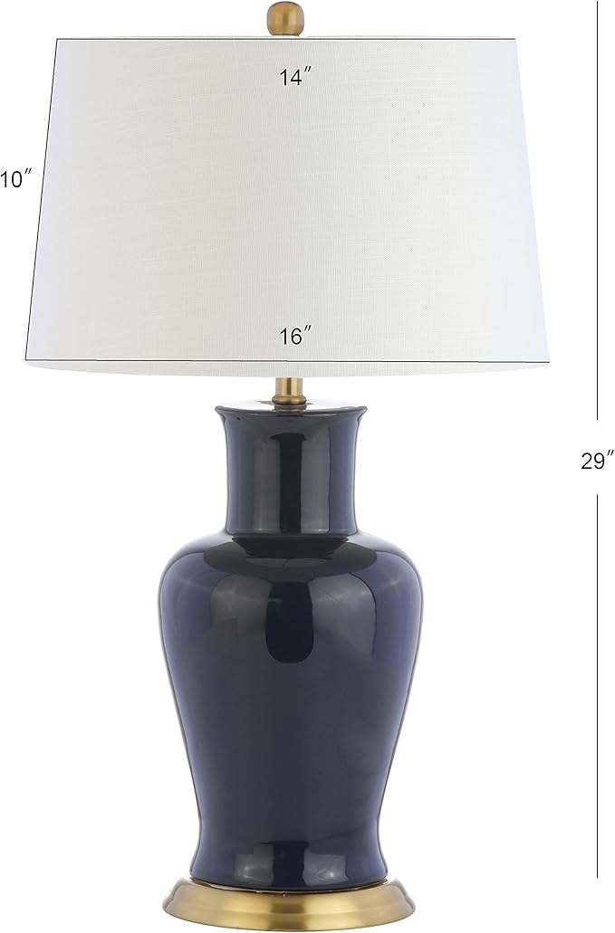 JONATHAN Y 29" Navy Traditional Ceramic Urn LED Table Lamp for Bedroom Decor, White Linen Drum Shade, Classic Nightstand Lamp for Living Room, LED Bulb Included (JYL4026B)