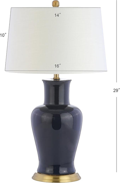 JONATHAN Y 29" Navy Traditional Ceramic Urn LED Table Lamp for Bedroom Decor, White Linen Drum Shade, Classic Nightstand Lamp for Living Room, LED Bulb Included (JYL4026B)