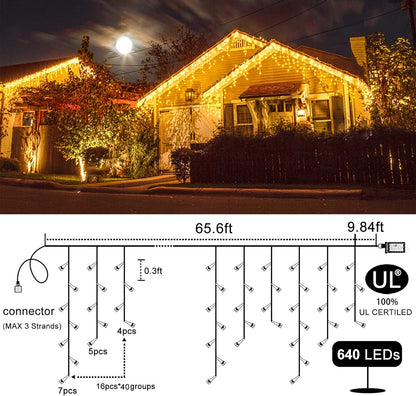 Icicle Christmas Lights Outdoor, 66ft 640 LED Icicle Lights for Outside 8 Modes with 75 Drops, Plug in Christmas Light for House Indoor Holiday Wedding Christmas Decorations, Warm White