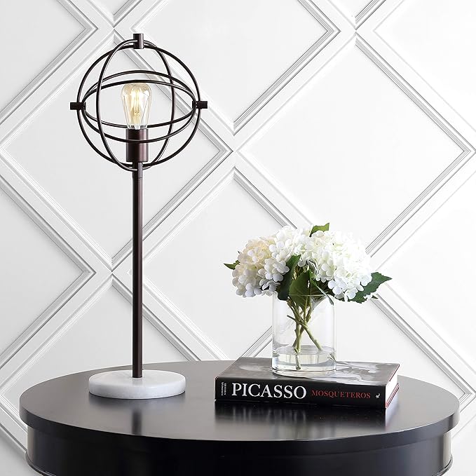 JONATHAN Y 26.75" Oil Rubbed Bronze Atomic Caged LED Table Lamp, Industrial Modern Metal Desk Lamp with White Marble Base for Living Room Bedroom, LED Bulb Included JYL1091A