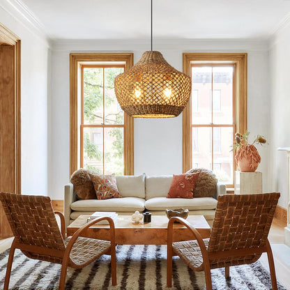 14.96” Rattan Chandelier,2- Light Boho Wicker Pendant Lights, Handmade Woven Suspension Farmhouse Ceiling Fixture for Kitchen Island Bedroom Living Room