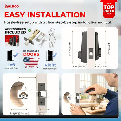 VALKCO Smart Door Lock V5O5BF, Keyless Entry Door Lock with Keypad and Bluetooth App Control, Fingerprint Deadbolt, Smart Door Lock for Front Door, Auto Lock, IP54 Weatherproof, Easy Installation.