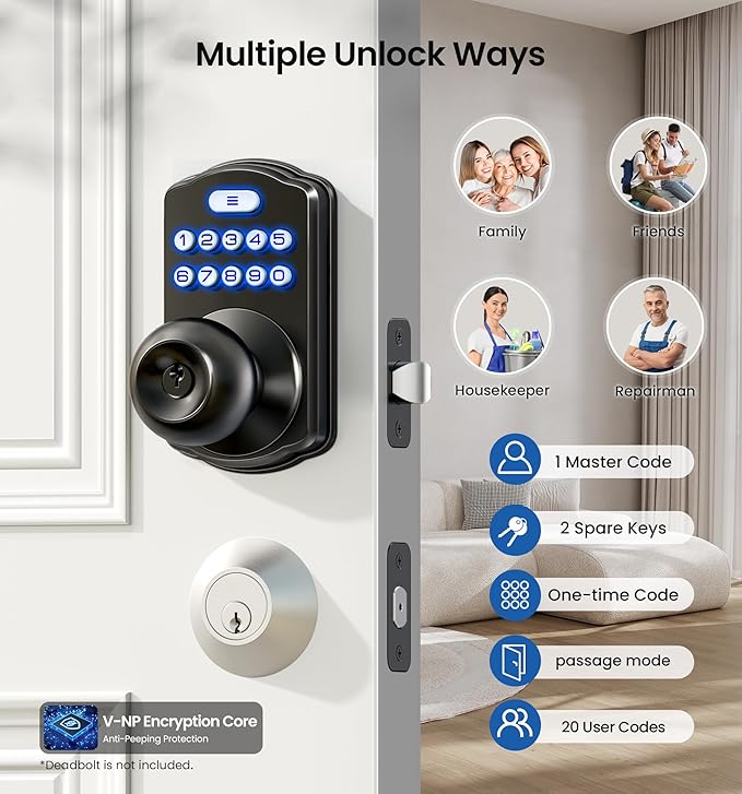 Veise Keypad Door Knob Lock, Keyless Entry Digital Lock with Handle, Electronic Smart Knob for Front Door & Bedroom, Easy Install, Auto Lock, Passage Mode, Anti-Peeping Password, Matte Black
