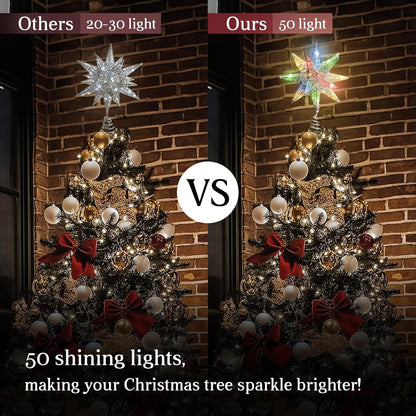 Christmas Star Tree Topper, 3D Geometric Star Decorative Treetop with Colorful 50 LED Light Beads for Home Holiday Xmas Tradition, Timer Function, Silver