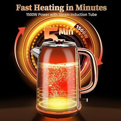 INFOOD Retro Electric Kettle 1.7L/57oz with Thermometer - 1500W Fast Boiling Stainless Steel Hot Water Tea Kettle, BPA-Free, Cordless, Auto Shut-Off, Boil-Dry Protection, Black