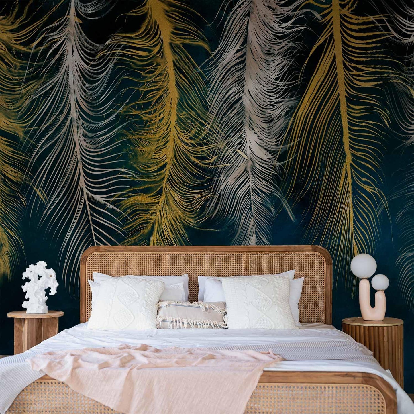 artgeist Wall Mural Feather 177x124 in - XXL Non-Woven Wallpaper Fleece Wall Decor Photo Print Picture Image Design Landscape Abstract Beige Navy Blue b-A-0812-a-a
