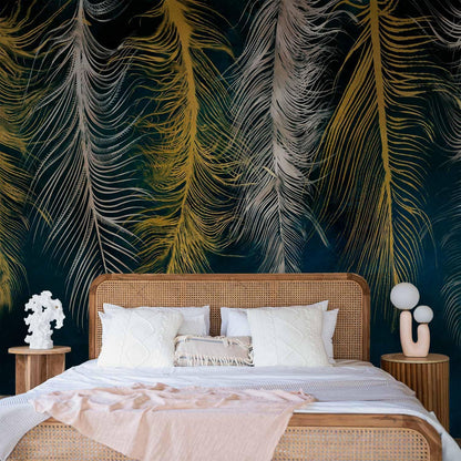 artgeist Premium Wall Mural Feather 177x124 in - Non-Woven Wallpaper Fleece Wall Decor Photo Print Picture Image Design Landscape Abstract Beige Navy Blue b-A-0812-a-a