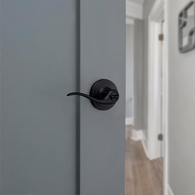 Kwikset Tustin Interior Privacy Door Handle with Lock, Door Lever For Bathroom and Bedroom, Matte Black Reversible Keyless Push Button Lock Door Lever, with Microban Protection