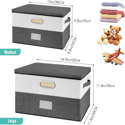 Large Linen Fabric Foldable Storage Bins with Removable Lid and Handles, Washable Storage Box Organizer Containers Baskets Cube with Cover for Bedroom,Closet,Office,Nursery(Grey&Cream, Medium)