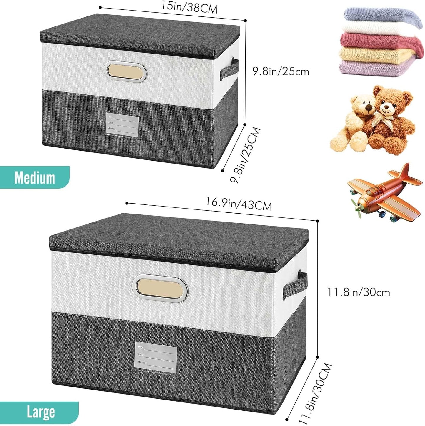Large Linen Fabric Foldable Storage Bins with Removable Lid and Handles, Washable Storage Box Organizer Containers Baskets Cube with Cover for Bedroom,Office (Coffee&Cream, Medium(2-Pack))