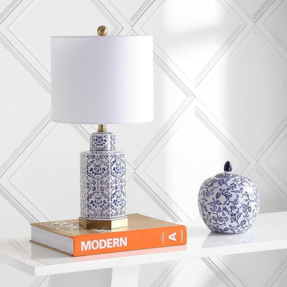 JONATHAN Y 23.5" Blue/White Traditional Ginger Jar Ceramic LED Table Lamp, Hexagonal Damask Pattern with White Linen Shade and Brass Accents, LED Bulb Included JYL3050A